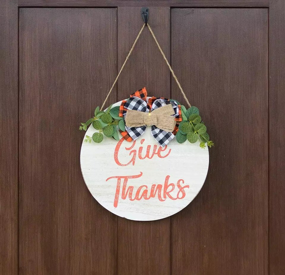 Hanging Door Sign - Give Thanks Thanksgiving Decoration - Wooden Holiday Decor