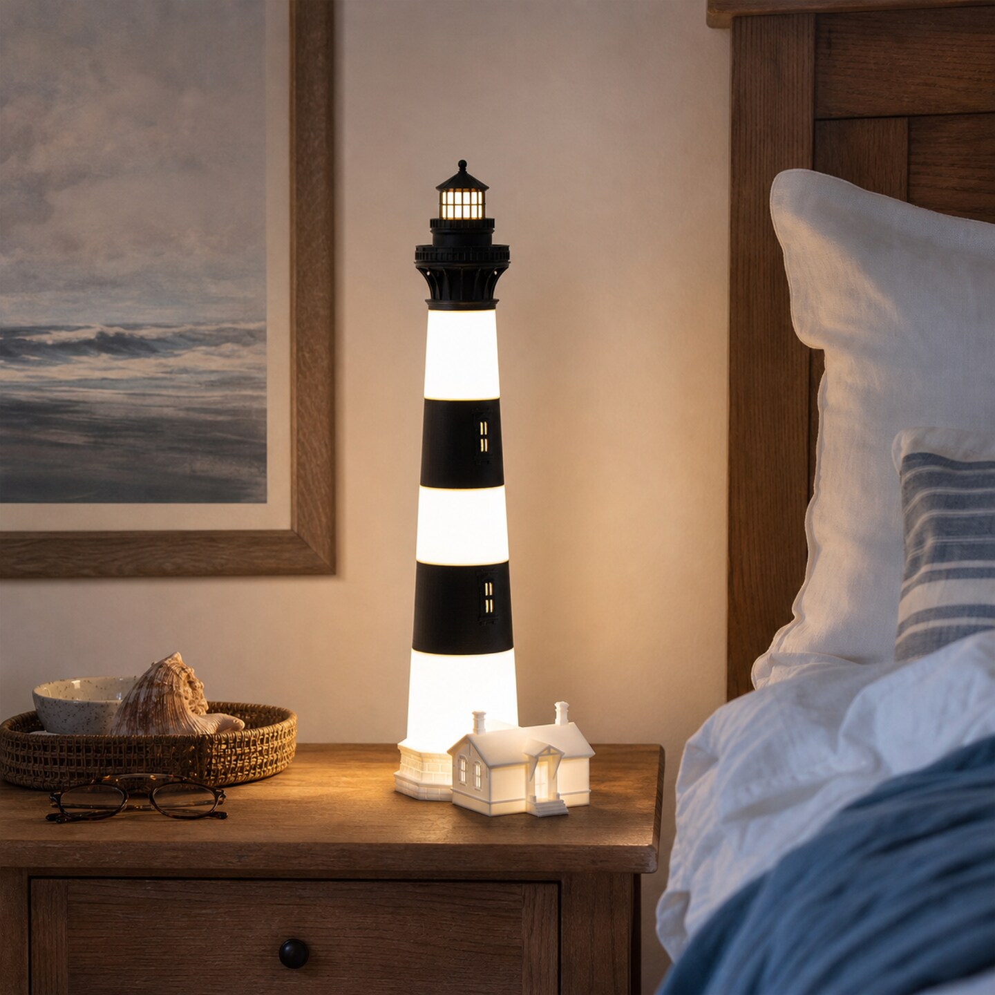 Bodie Island Lighthouse Plug-In Lamp | Black and White | Dimmable