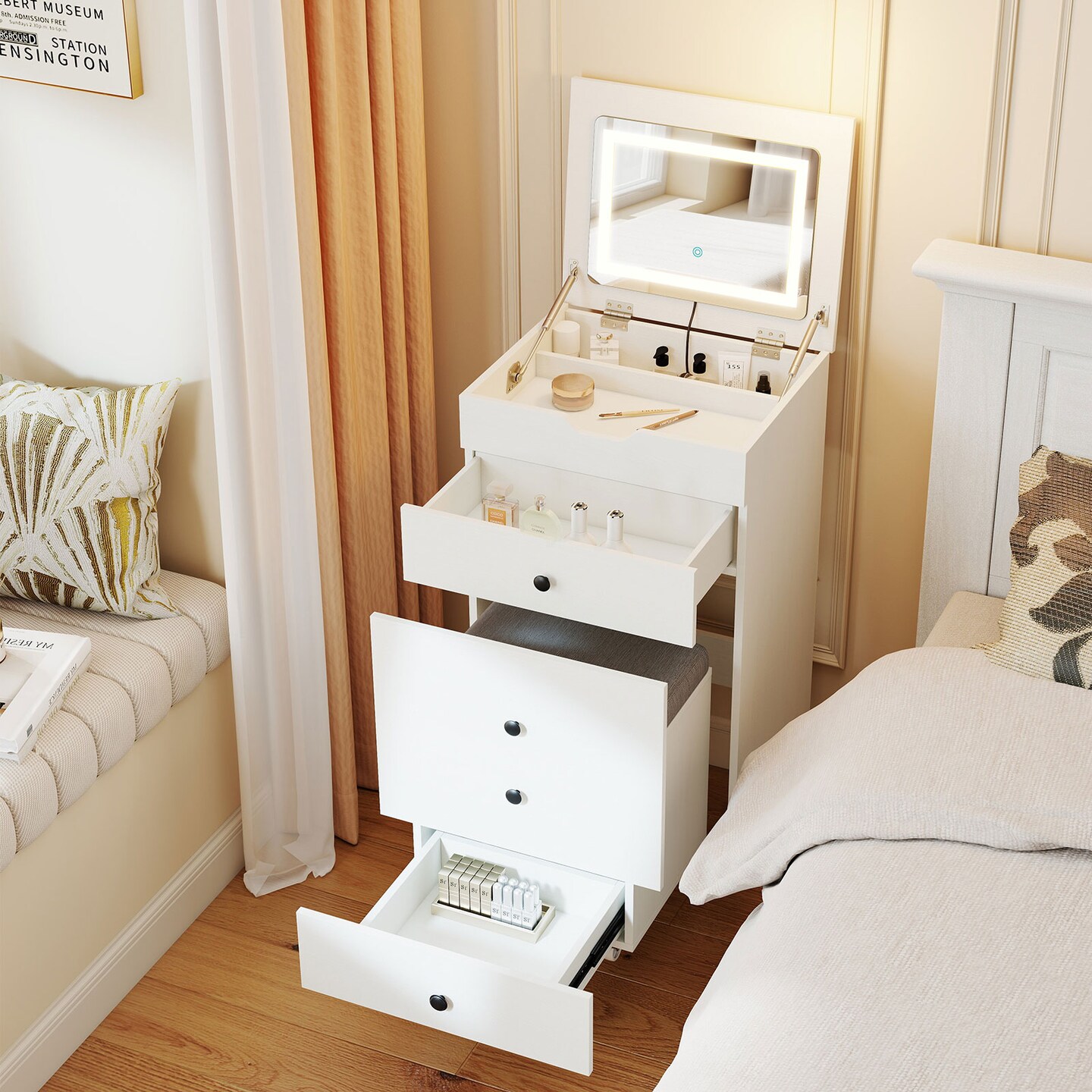 3-in-1 Small Vanity Desk Set with Flip-Top Mirror, Lights, Drawers and Stool