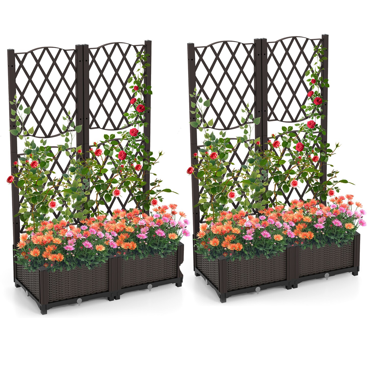 Set of 2 Raised Garden Beds PE Rattan with Trellis for Plants