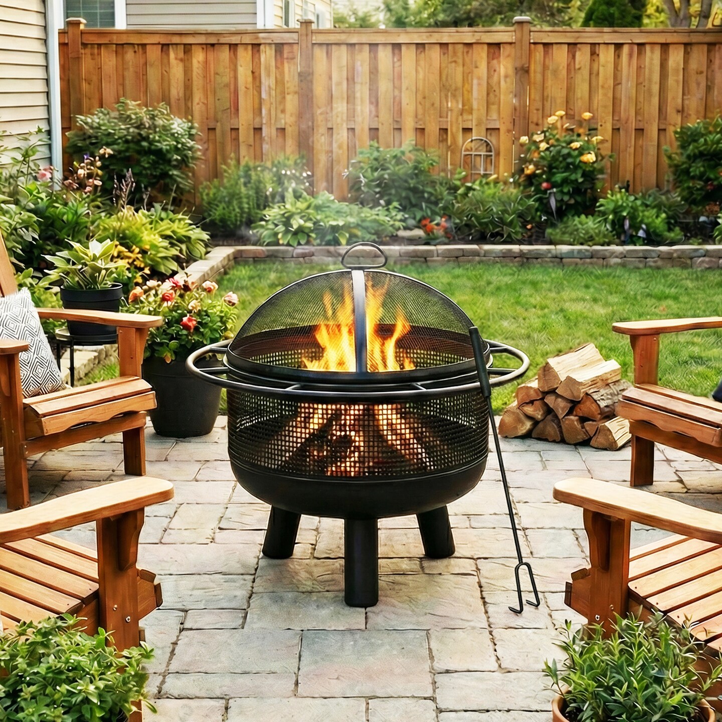 Black Wood Burning Fire Pit with Log Grate and Mesh Screen for Outdoor Use 24