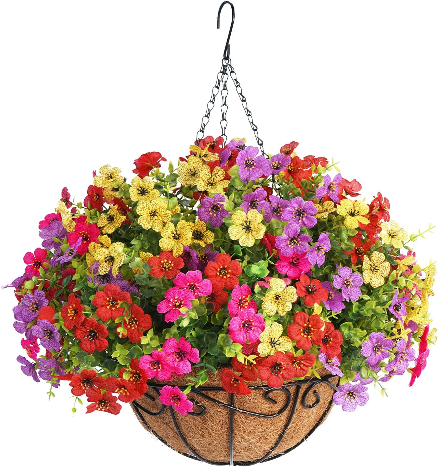 Artificial Hanging Flower Basket for Outdoors, UV Resistant Faux Silk Hanging Plants with 12 Branch Full Design, Fake Daisies Eucalyptus Basket for Porch Patio Garden Balcony Home Decor, Mixed Colors