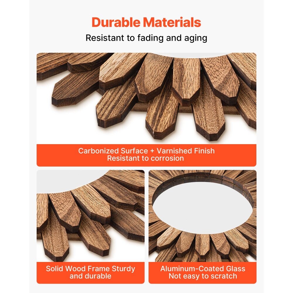 12-Inch Sunburst Wall Mirror Vintage Boho Decorative Mirror with HD Glass and Solid Wood Frame