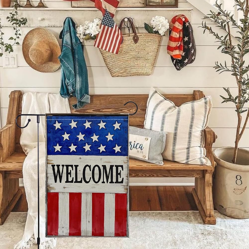 Patriotic American Garden Flag Welcome 4th Of July Garden Flags Decor Rustic Farmhouse Home Yard Lawn Double Sided Small Independence Day Decorations 12x18 Inch