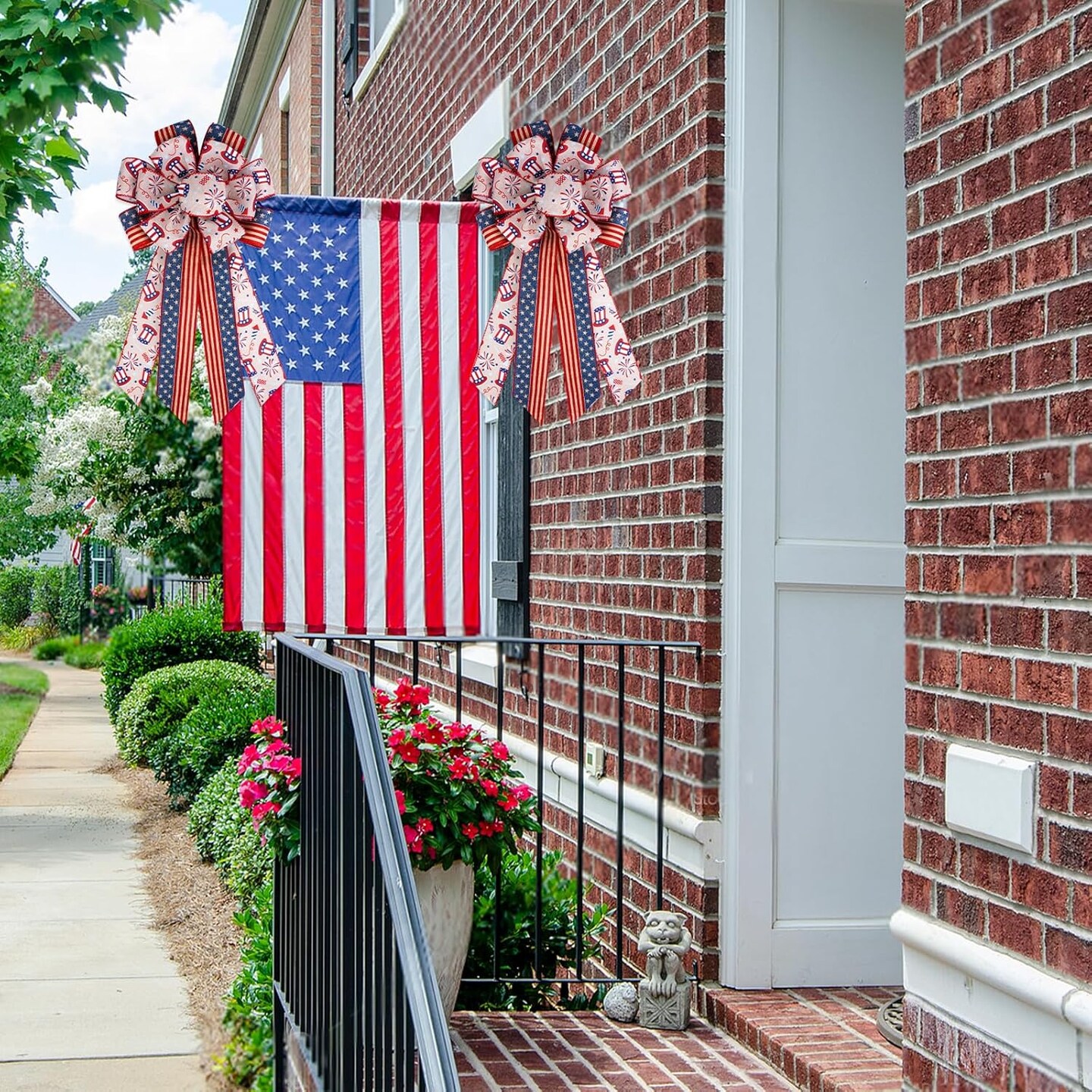 2pcs Large 4th of July Bow, Red Blue Striped Tree Topper Bows for Patriotic Wreaths, 4th of July Decorations American Flag Memorial Day Bow for Tree Topper, Window, Staircase, Front Door, Outside