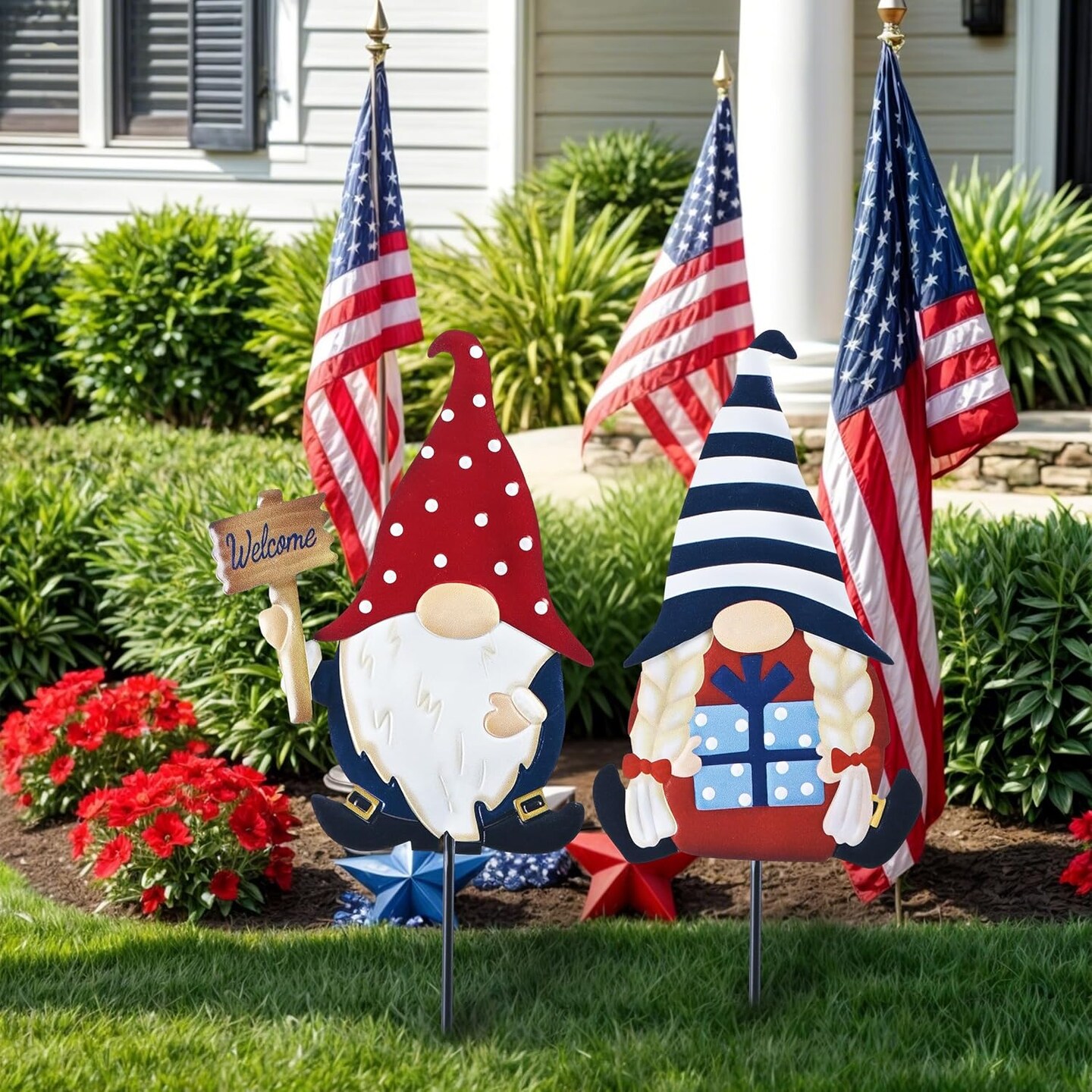 2 Pcs Memorial Day Patriotic Gnome Garden Decor, 4th of July Decorations for Outdoor Metal Yard Art Sign, Decorative Garden Stake for Lawn, Independence Day Gifts 23.2''