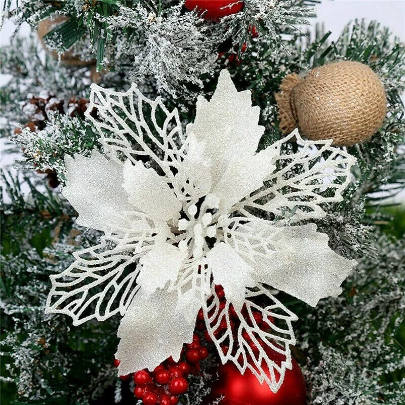 20Pcs Glitter Christmas Poinsettia Hanging Flowers Xmas Tree Decor