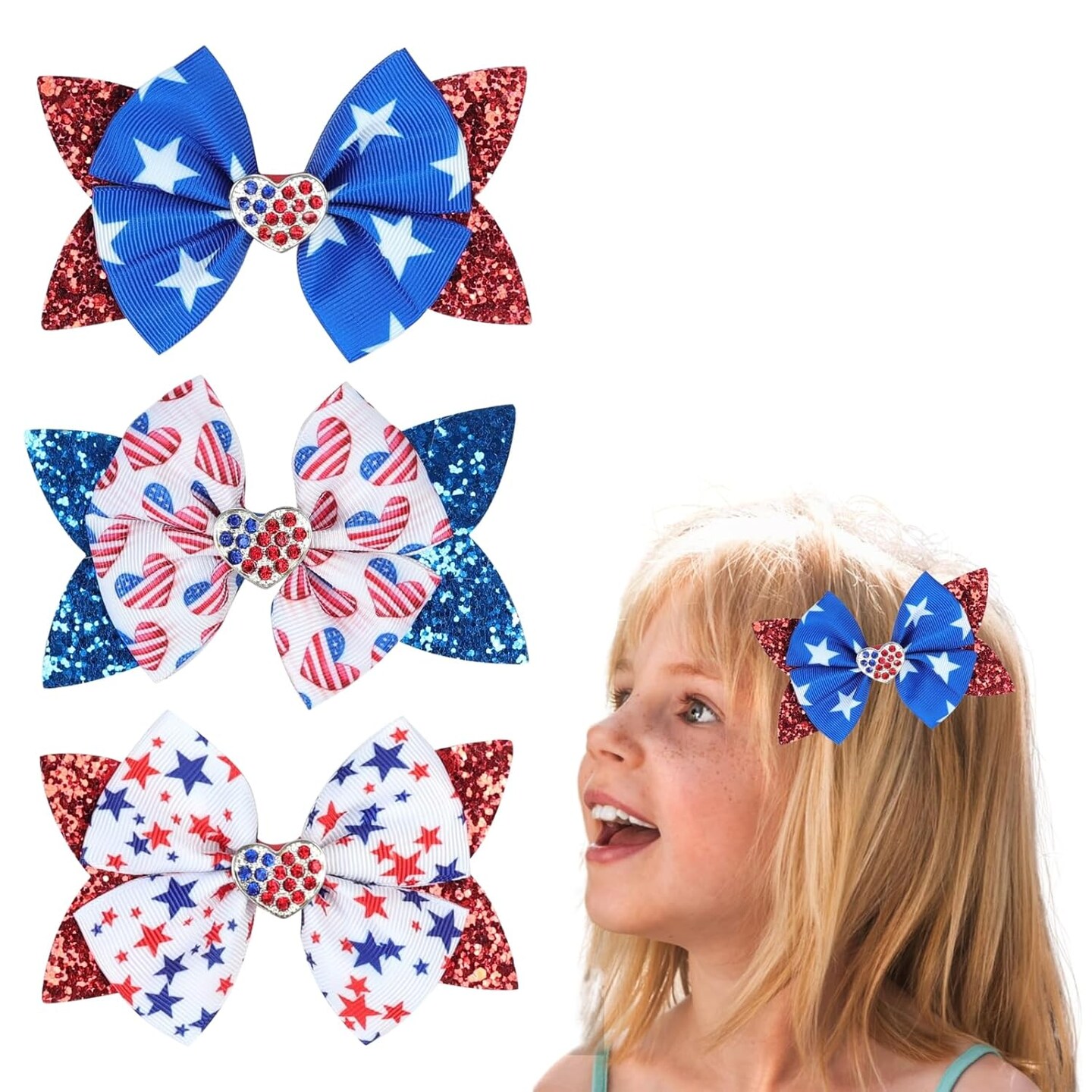 3 Pcs Patriotic Hair Bow Clips 4th of July Hair Clips Glitter Star Hair Bow Barrettes Red White Blue Hairpins July 4th Hair Accessories for Women Girls Memorial Independence Day Party Decoration