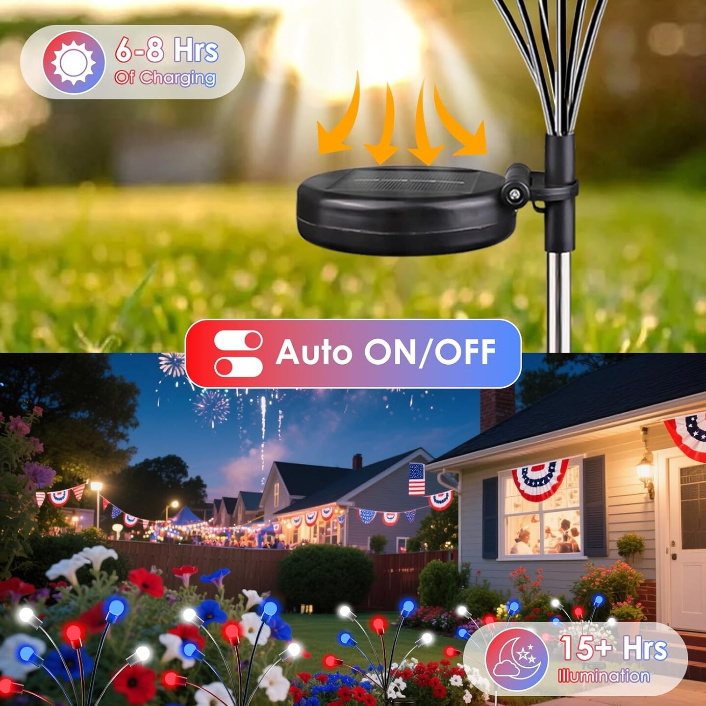 4pack Solar American Flag Lights - 4th of July Solar Garden Outdoor Waterproof Firefly Light for Memory Day, Independence Day, National Day Decoration (Red White Blue)
