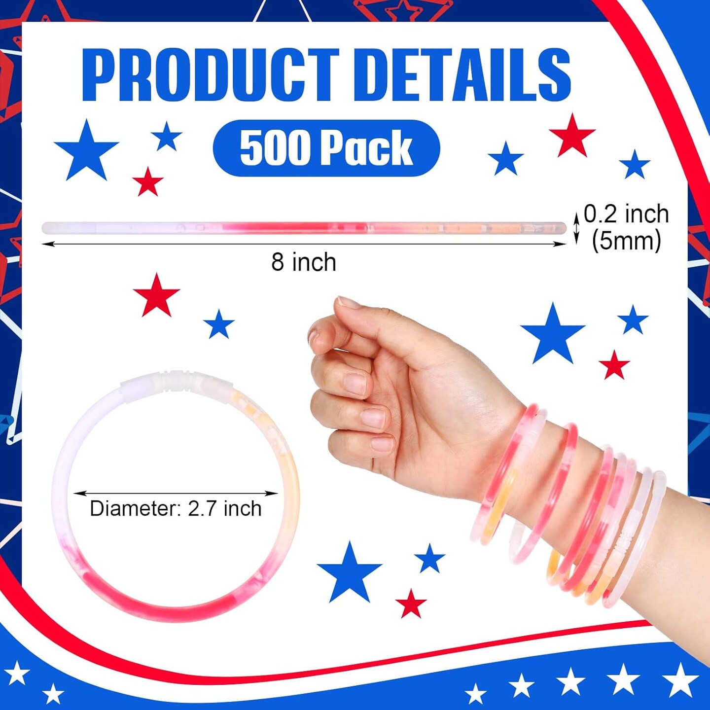 250 Pcs 8&#x27;&#x27;Red White and Blue Glow Stick Bulk 4th of July Patriotic Glow Sticks with Connectors 3 Colors in 1 Bracelets Gifts for Memorial Independence Flag Day Patriotic Party Supplies