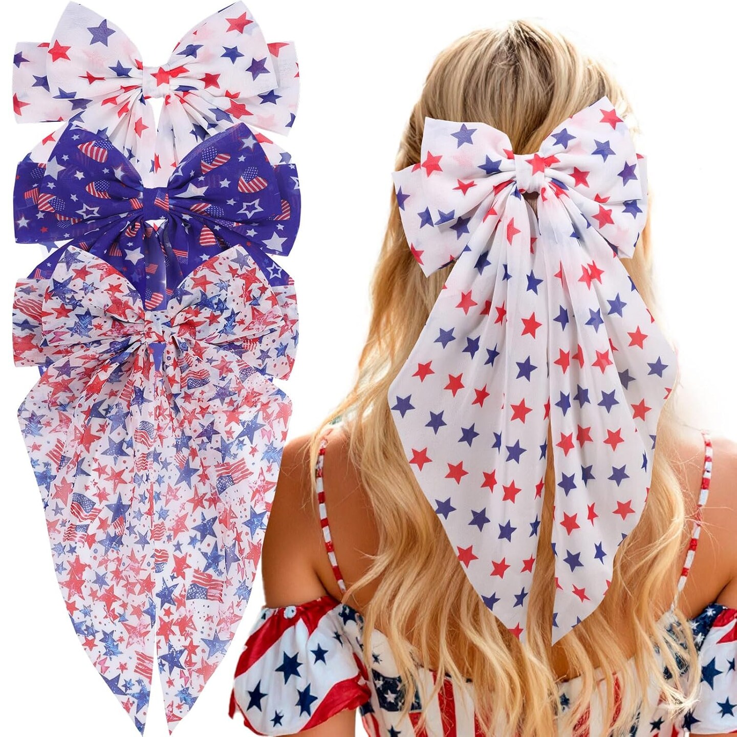 4th of July American Flag Hair Bows for Women, 3PCS Big Ribbon Bow Hair Clips for Girls, Patriotic Long Tail Accessories for Girls