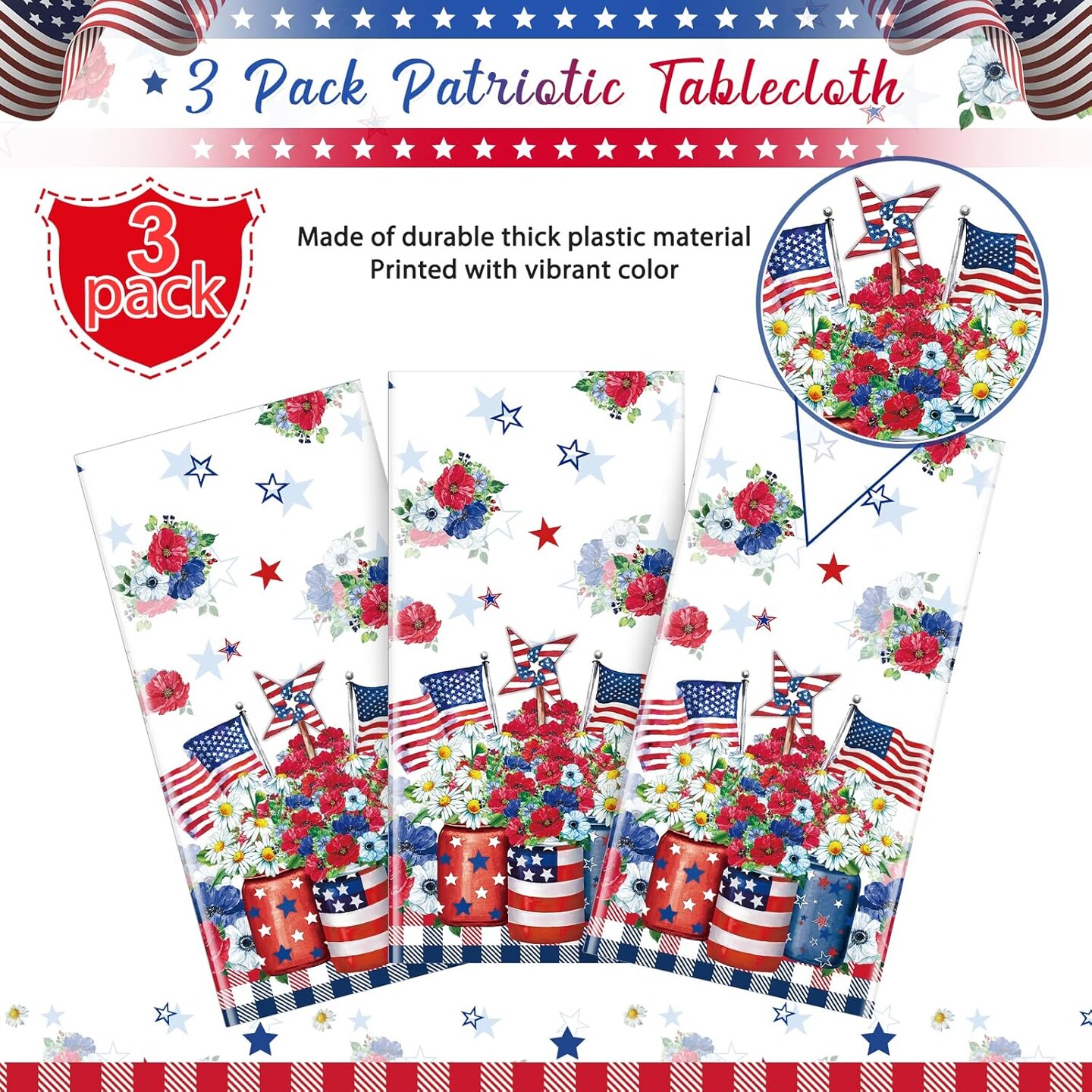 3 Pack 4th of July Tablecloth Decorations, Vase Flower Patriotic Plastic Table Cover