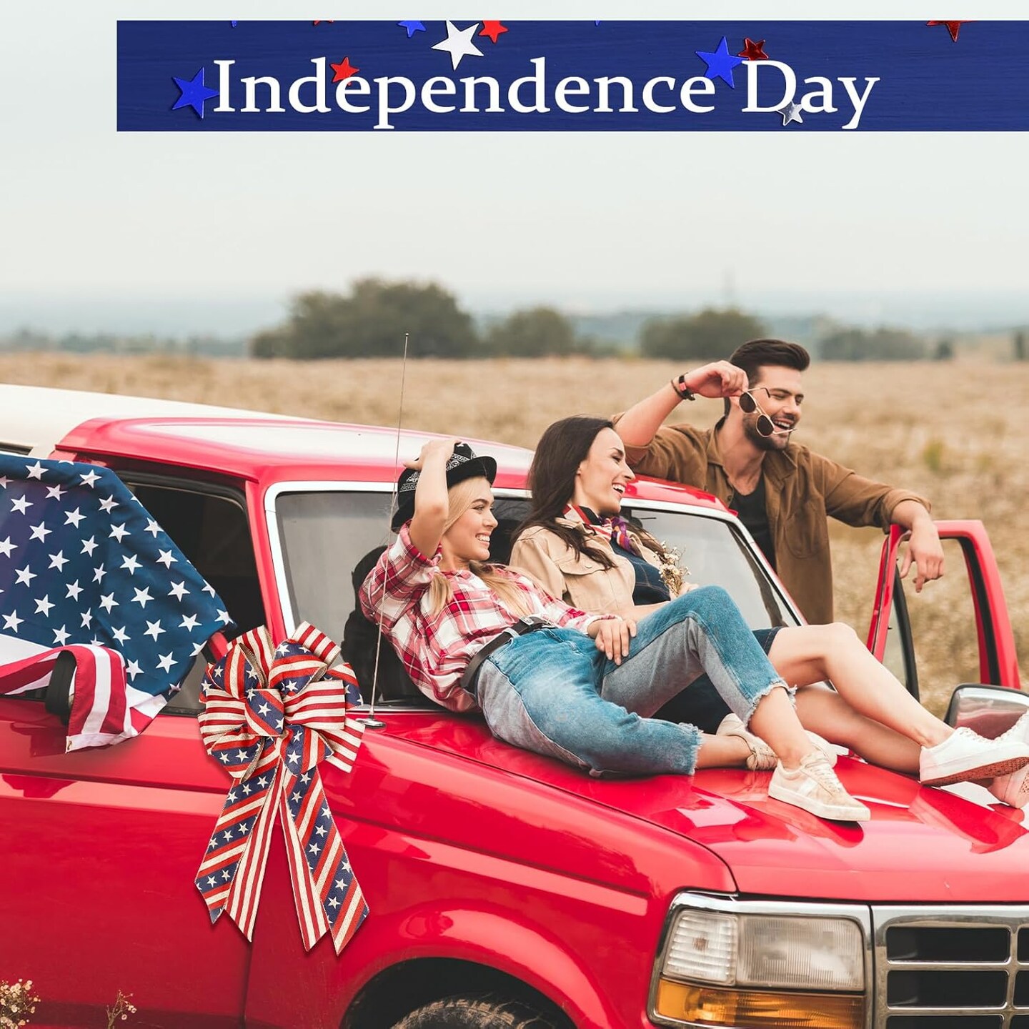 2 Pcs 4th of July Bows Red White Blue American Flag Patriotic Wreath Burlap Tree Topper for Indoor Outdoor Independence Day Memorial Day Party Decoration