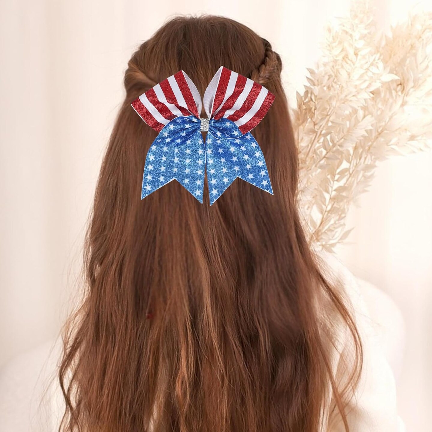 4th of July Hair Bows Big American Flag Sequin Hair Bows Patriotic Glitter Ribbon Bow Tie Red White Blue Cheer Bow Elastic Ponytail Holder Independence Day Hair Accessories for Girls USA Party Decor