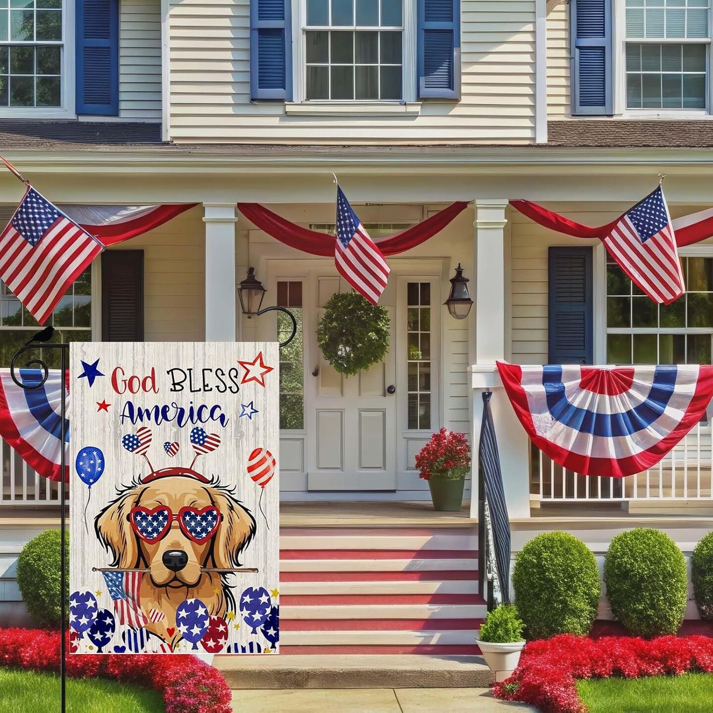 God Bless America Garden Flag – Cute Dog with Patriotic Balloons & Stars – 12x18 Double Sided Rustic Wood Style Yard Flag for 4th of July & Memorial Day