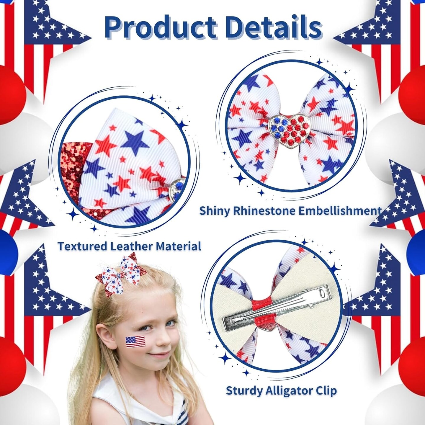 3 Pcs Patriotic Hair Bow Clips 4th of July Hair Clips Glitter Star Hair Bow Barrettes Red White Blue Hairpins July 4th Hair Accessories for Women Girls Memorial Independence Day Party Decoration