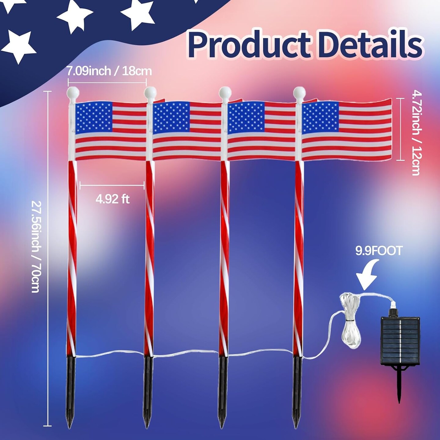 4 Pack Solar American Flag Lights - Outdoor 4th of July Yard Decorations, 1200mAh Garden Flag Lights, 27in Waterproof USA Flag Pathway Light,Independence Day &#x26; Memorial Day Lawn Decor