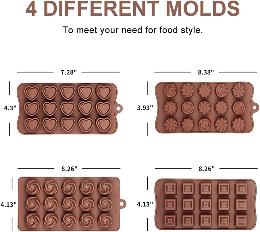 4 Packs Silicone Molds for Chocolate, Food Grade no-stick Baking, candy and butter Mold with different shape (4 packs different style)