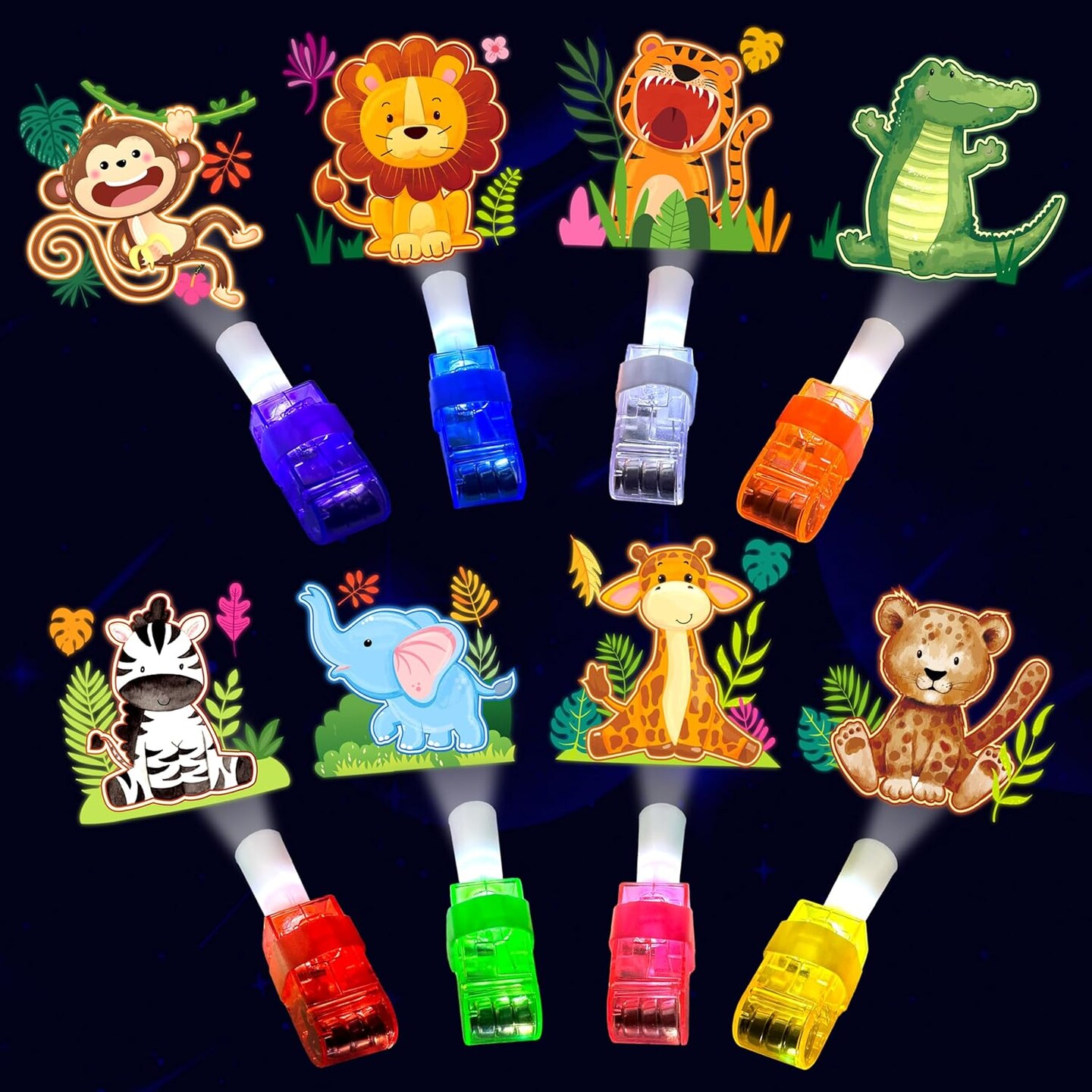 24PCS Jungle Safari Party Favors-LED Finger Lights&#xFF1A;Glow-in-the-Dark Light-Up Toys Bulk for Kids,Animal Theme Birthday Party Decorations Supplies, Party Goodie Bags, Classroom Prizes, Fun Gifts