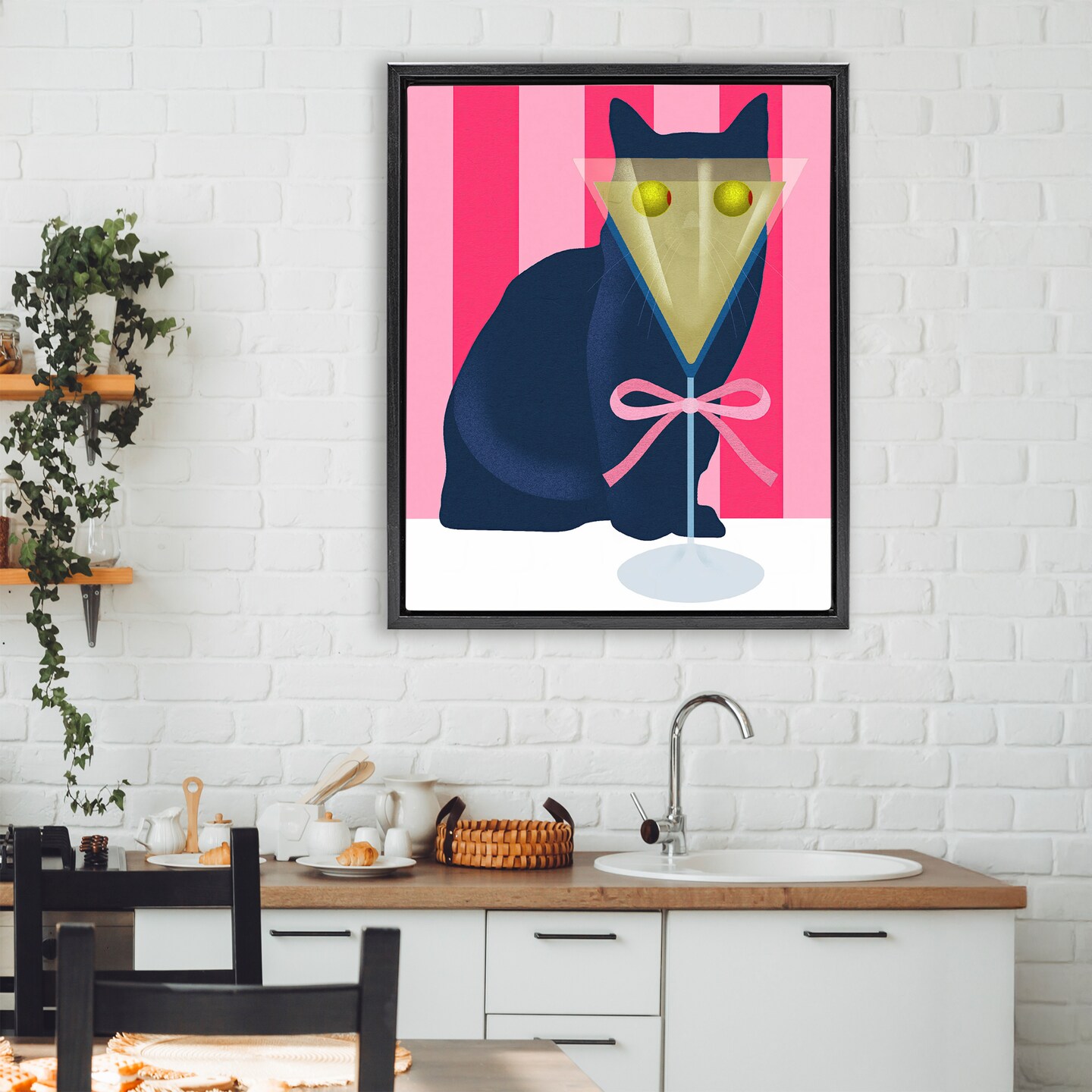 Stupell Industries Cat & Martini on Stripes Floating Frame, design by Lil' Rue