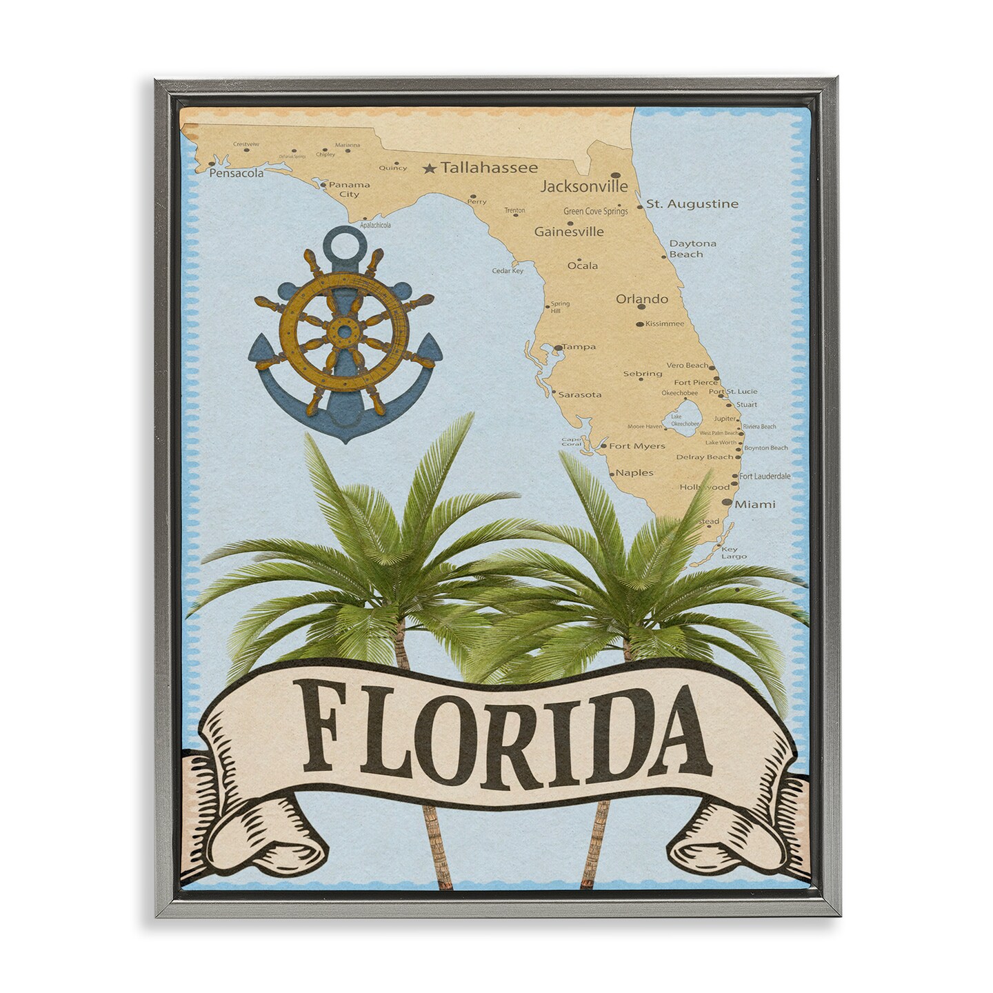 Stupell Industries Florida Map Palm Trees Floating Frame, design by Marcus Prime