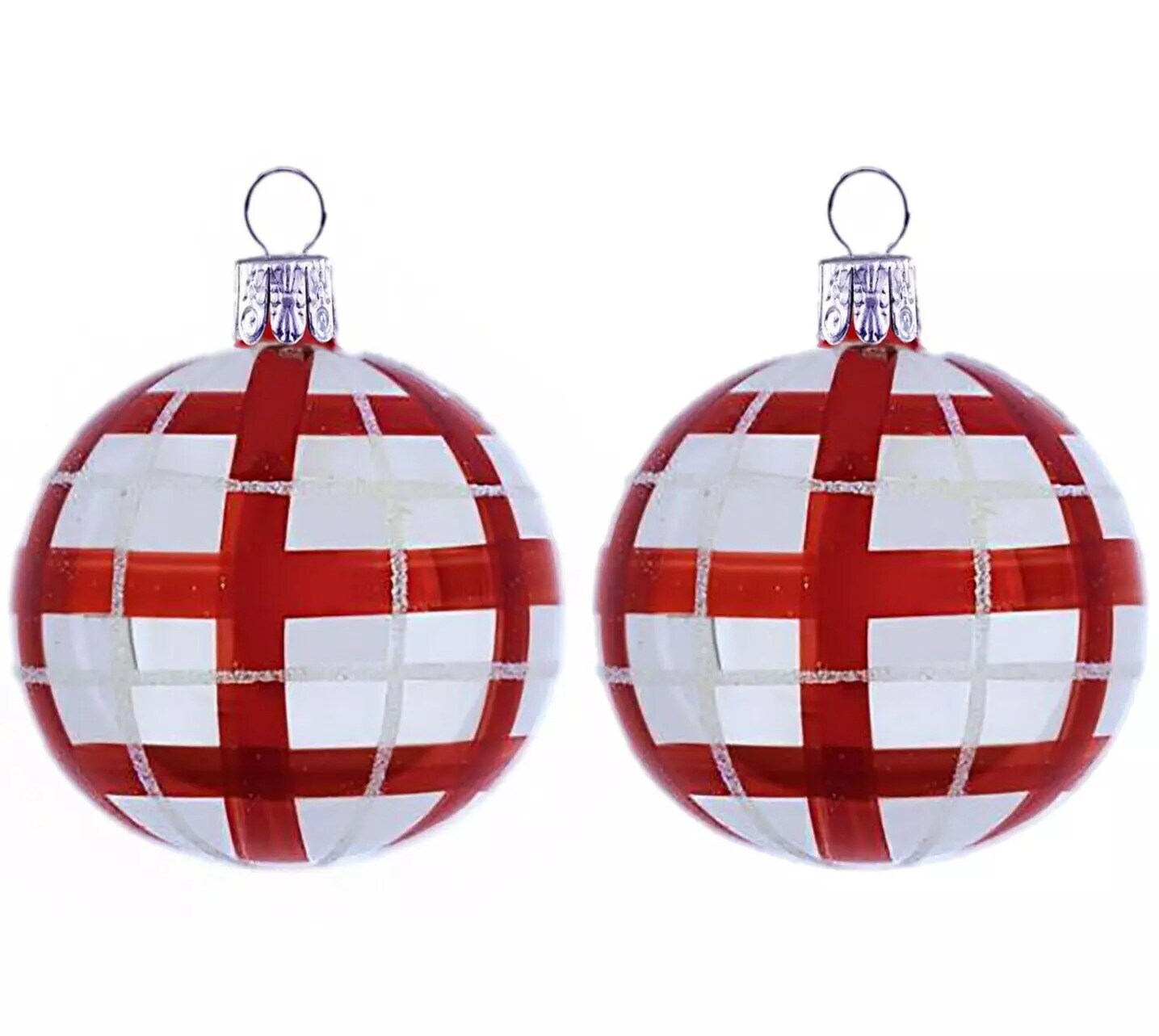 SET OF 2 Checked Czech Glass Christmas Ball Ornaments Baubles 3.15&#x22; Red/White