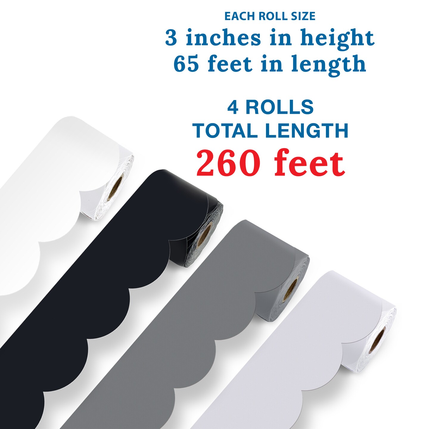 Carson Dellosa 260Ft Gray, Black and White Bulletin Board Borders, 4 Rolls of Scalloped Bulletin Board Border for Bulletin Board, White Board, Office D&#xE9;cor, Classroom D&#xE9;cor, Black and White D&#xE9;cor