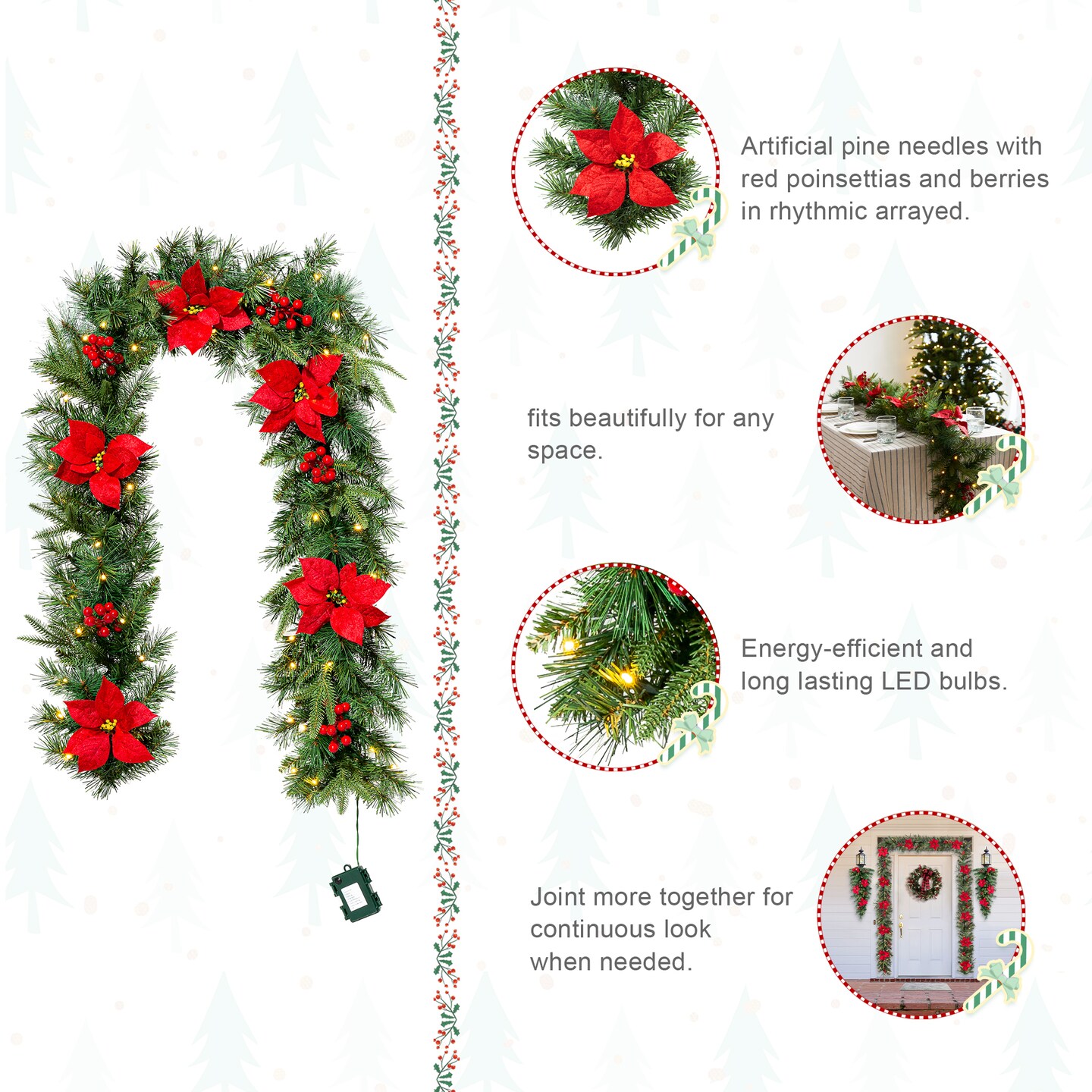 Set of 2 6ft Pre-Lit Christmas Garland with Warm Light LED Lights, Three Function