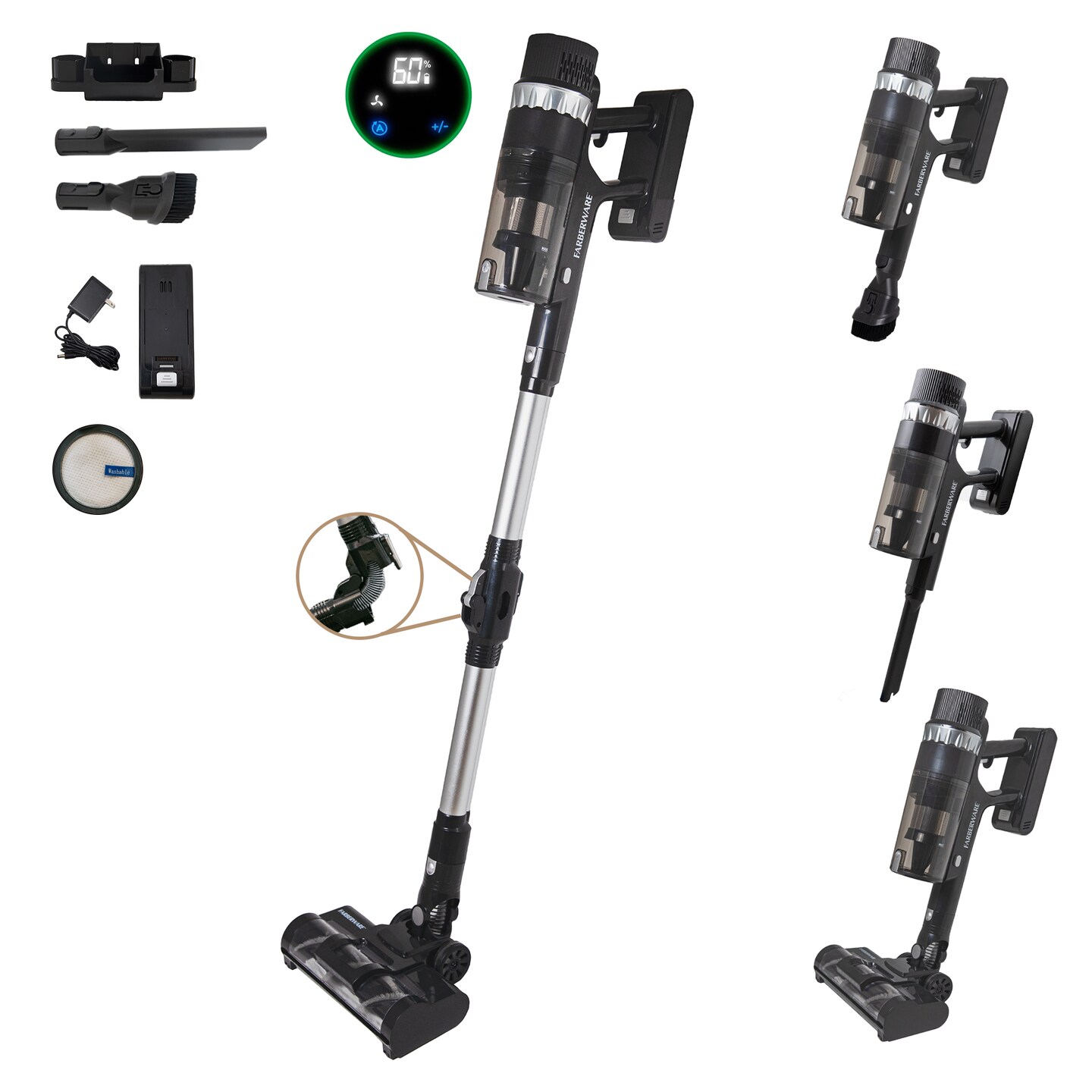 Farberware Cordless Platinum Stick Vacuum Cleaner, Smart Sensor Technology for Carpet and Hard Floors, Bendable Design, Converts to Handheld Vacuum