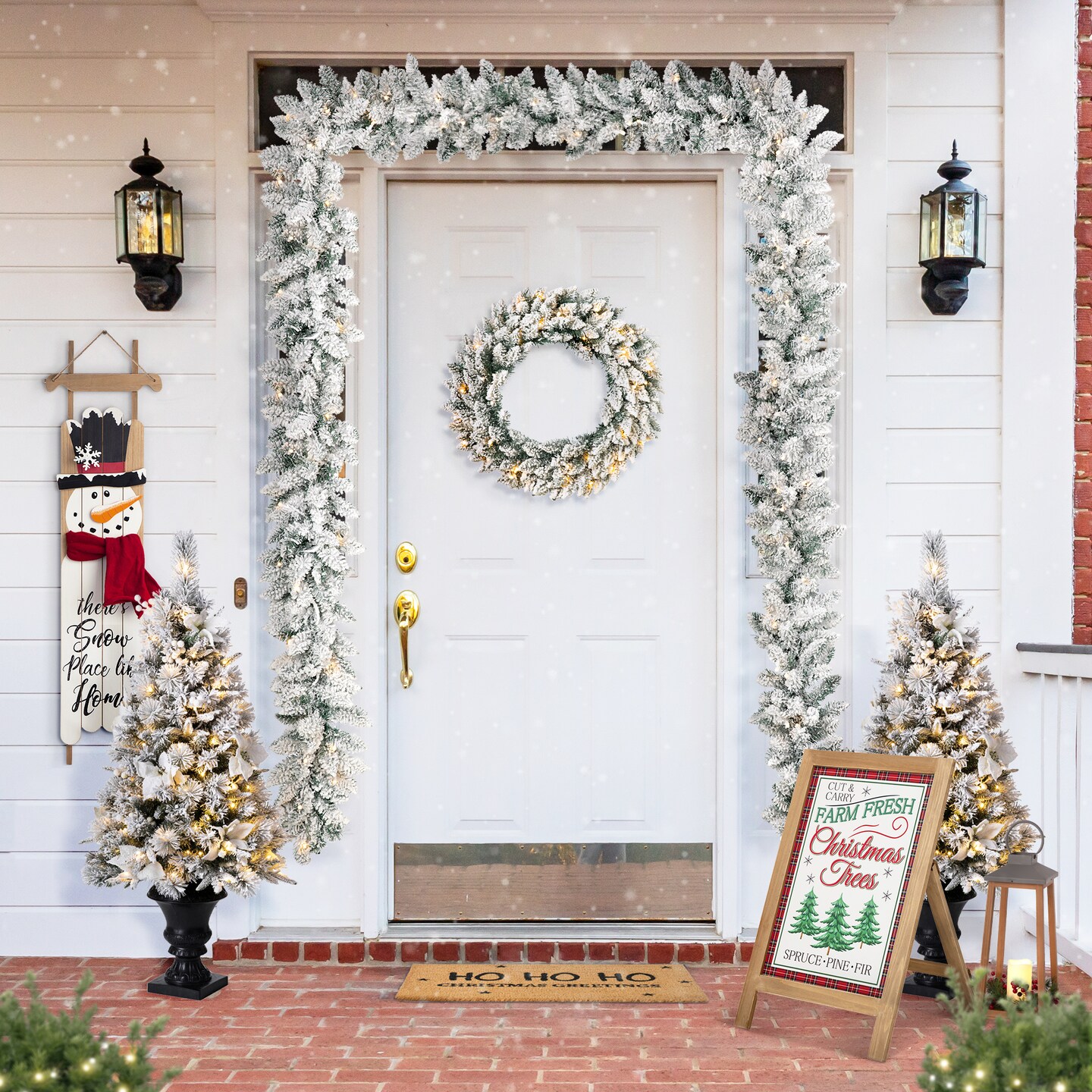Set of 3 24&#x22;D Pre-Lit Snow Flocked Christmas Wreath and Matched 9ft Garland Set with Timer, Three Function