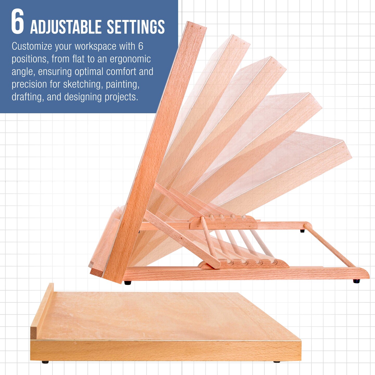 X-Large 25-5/8&#x22; x 19&#x22; (A2) Adjustable Wood Art Drawing Board - 5 Angles, Beechwood Construction, Pencil Ledge, Locking Storage Drawer - Perfect for Design, Drafting &#x26; Architecture