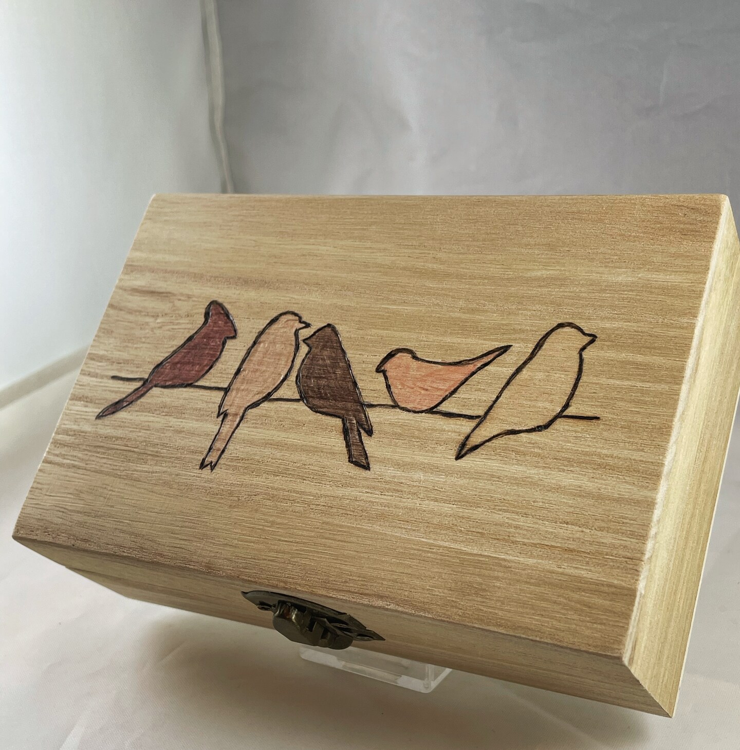 Birds on a Line Wood Burned Trinket Box, Wood Burn Art Pyrography