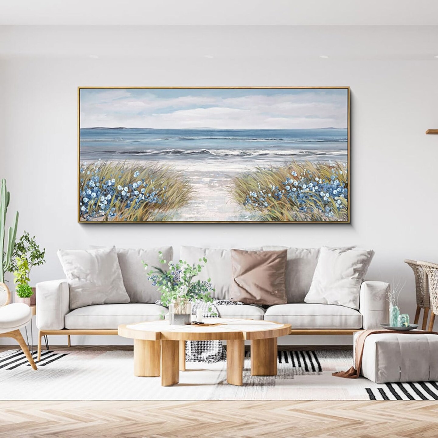 Framed Wall Art for Bedroom Decor - Farmhouse Boho Beach Coastal Vintage Floral Ocean Wall Picture Daisy Flowers Sea Canvas Print Nautical Neutral Seascape Artwork for Home Living Room