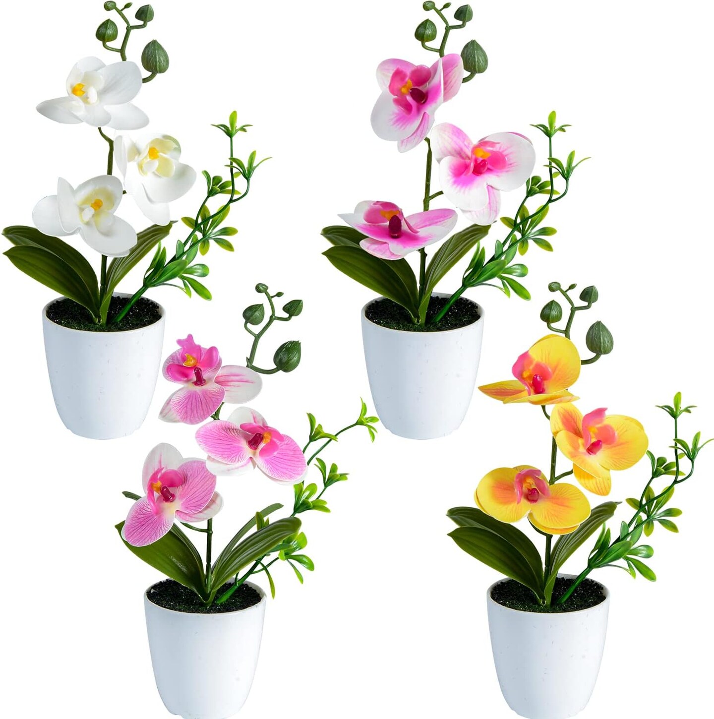 4Pcs Artificial Summer Potted Plants, Orchid Flowers Mini Potted Orchid Flowers Fake Orchids with Plastic Vase for Home Office Wedding Table Centerpiece