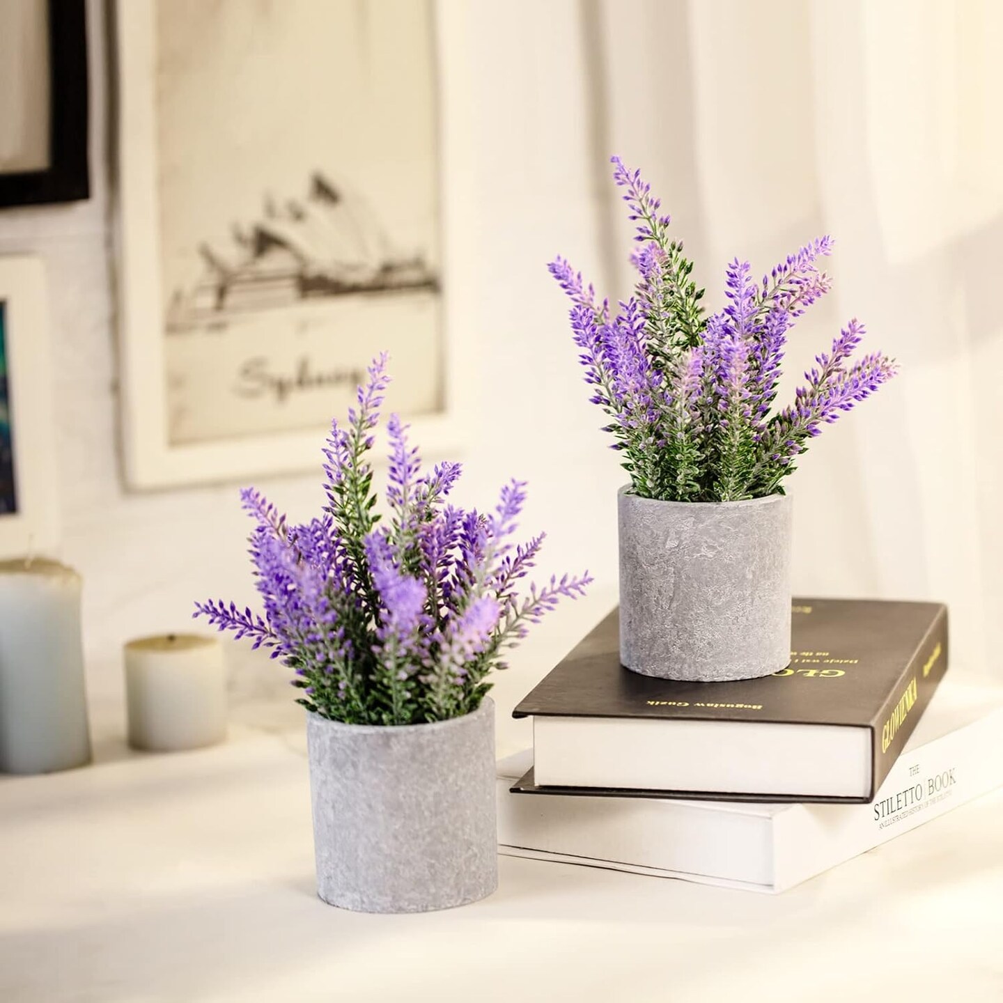 Artificial Summer Lavender Plant in Pots - Faux Lavender Flowers Decor &#x2013; Fake Flowers Purple Decor Summer Plant Potted Bathroom Bedroom Kitchen Farmhouse Home 2 Pack