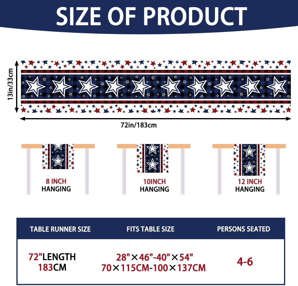 4th of July Table Runner – Stars Patriotic Memorial Day & Independence Day Kitchen Dining Table Decoration, 13" x 72", Indoor & Outdoor Party Home Decor