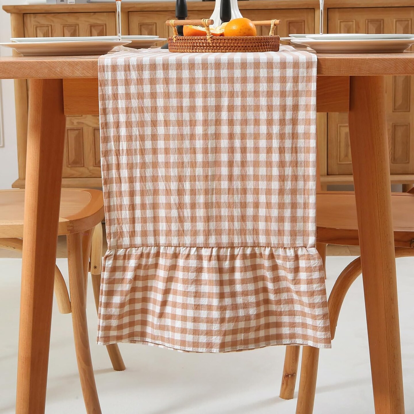 Taupe White Plaid Gingham Ruffle Table Runner 90 inches Long 100%,(Taupe, 90"x13")