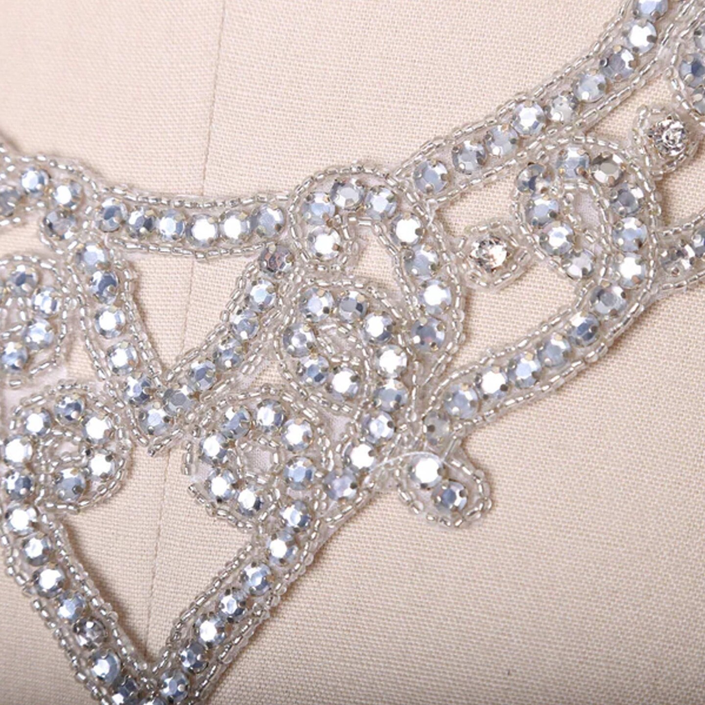 7 Inch Diagonally Silver Beaded Rhinestone Neckline Applique Iron On Patch for Dance Costume