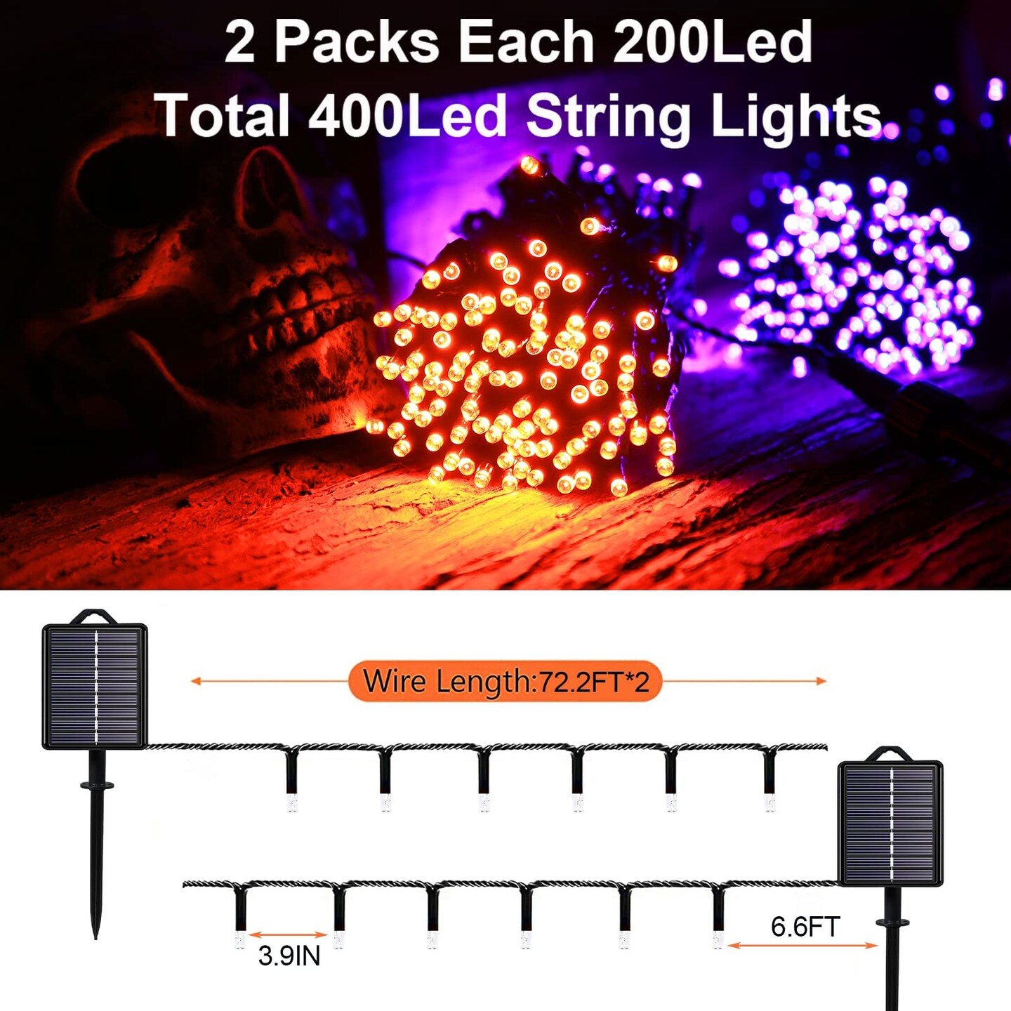 Halloween Decorations Outdoor Solar String Lights Orange &#x26; Purple, Outside 2Pack Total 144ft 400 LED 8 Modes with Timer, IP44 Waterproof Spooky Gothic Lights for Party, Patio, Tree, Garden Decor