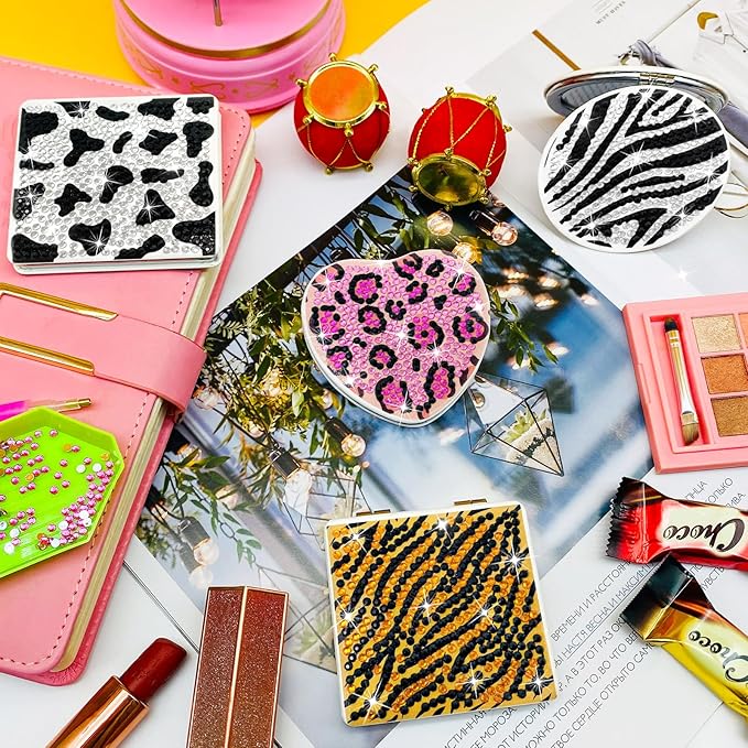 Diamond Painting Compact Mirror Crystal Makeup Mirror DIY Diamond Art Mirror Pocket Mirror Portable 4 Pcs Christmas Birthday Gifts for Women Girls(Animal)
