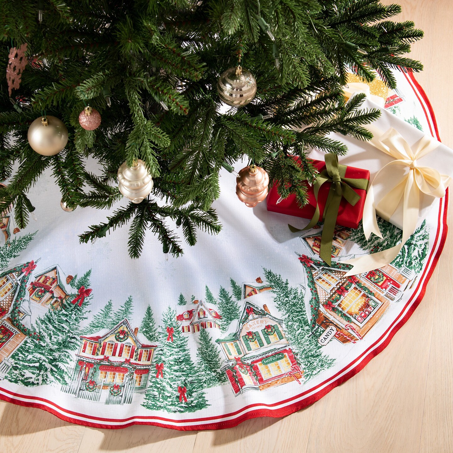 Threadmade Home Storybook Christmas Village Holiday Round Tree Skirt, Multicolor - 48"W x 48"L