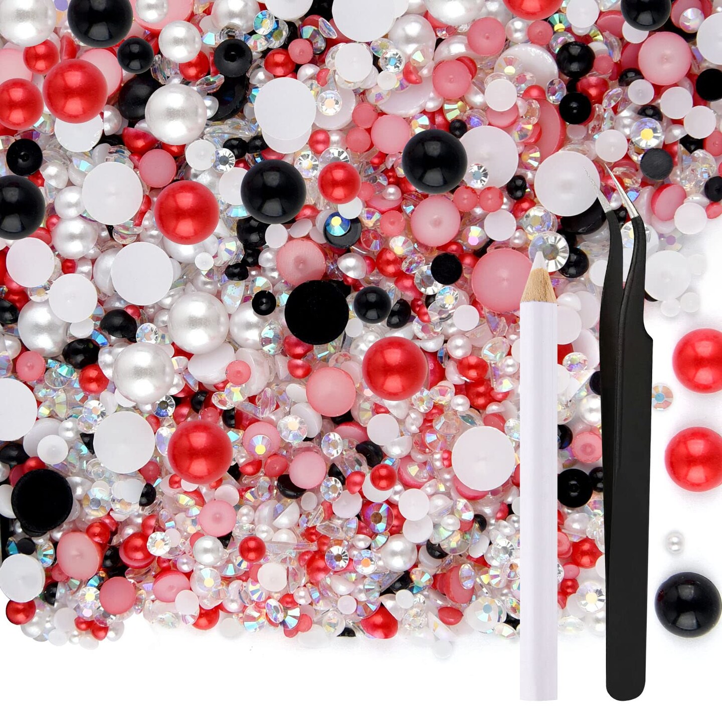 50g Mix Flatback Rhinestones Half Pearls for Crafts Mixed Size 3mm-10mm Flat Back Rhinestones for Crafts Flatback Pearls for DIY Tumblers Mugs Nail Art Shoes Clothes (Red Black Series)