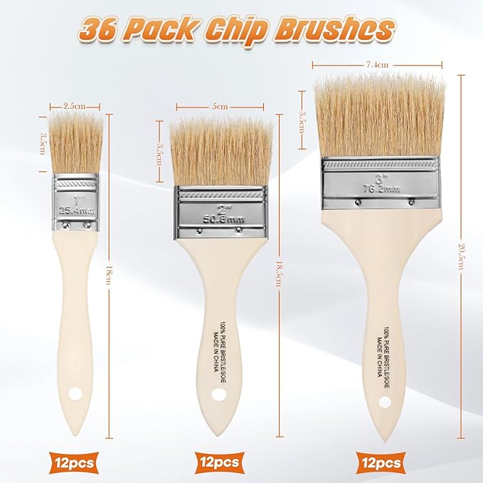 36 Pack Chip Brush Set - 1", 2" & 3" Disposable Paint Brushes (12 of Each Size), Natural Bristle Brushes with Wood Handles for Wood Stain, Varnish, Glue, Gesso, Furniture & Wall Painting