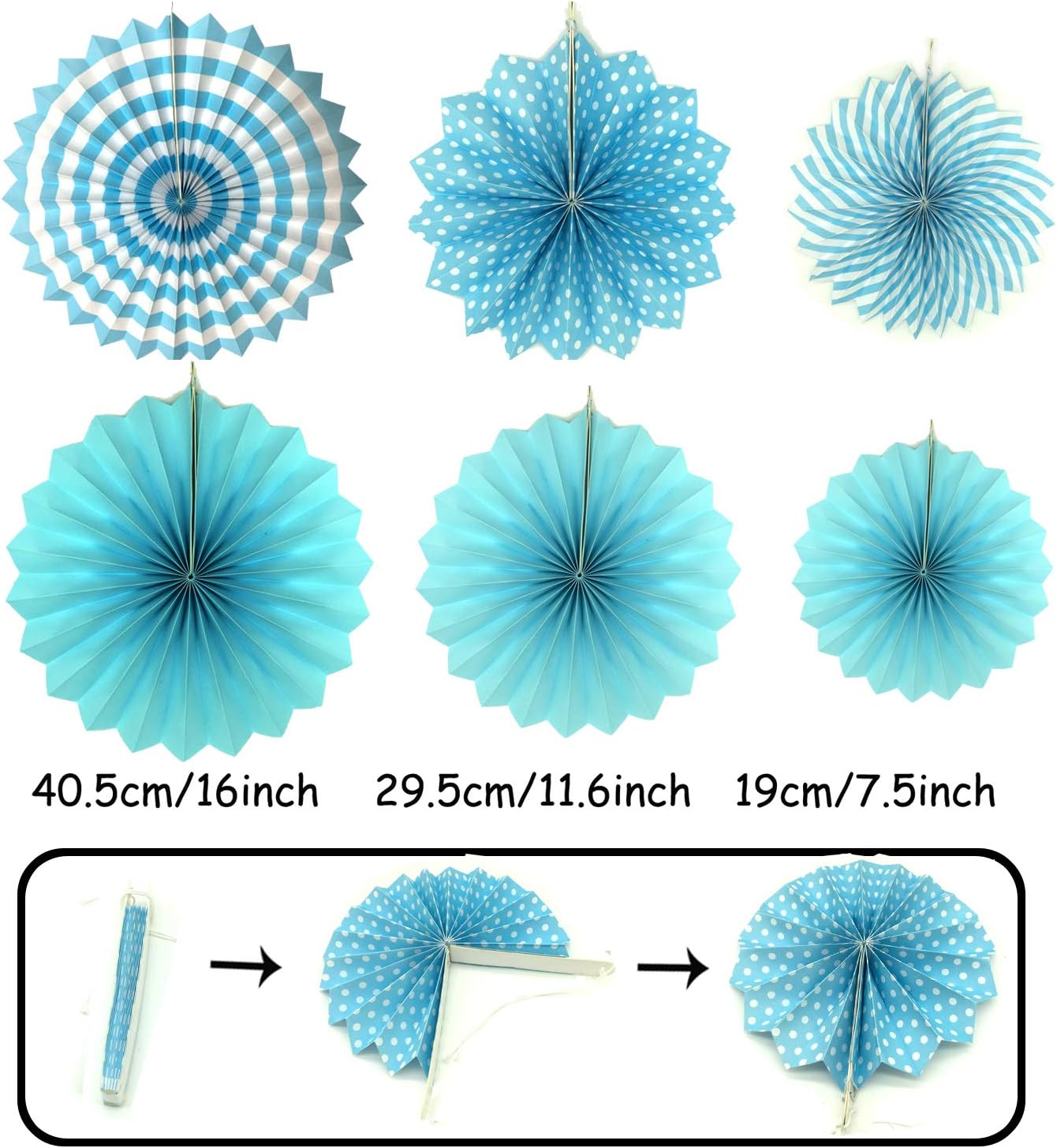 Party Decoration, 21 Pcs Blue Hanging Paper Fans, Pom Poms Flowers