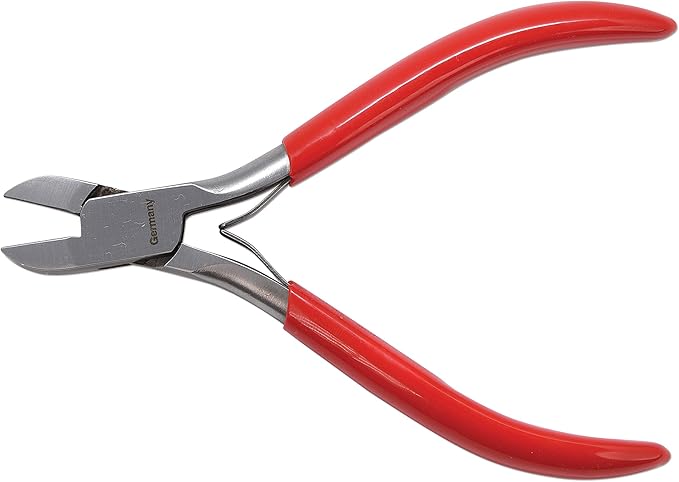 The Beadsmith Platinum Series German Bent Chain Nose Pliers, with polished steel head, red PVC comfort grip handle and double-leaf spring, tool for jewelry making