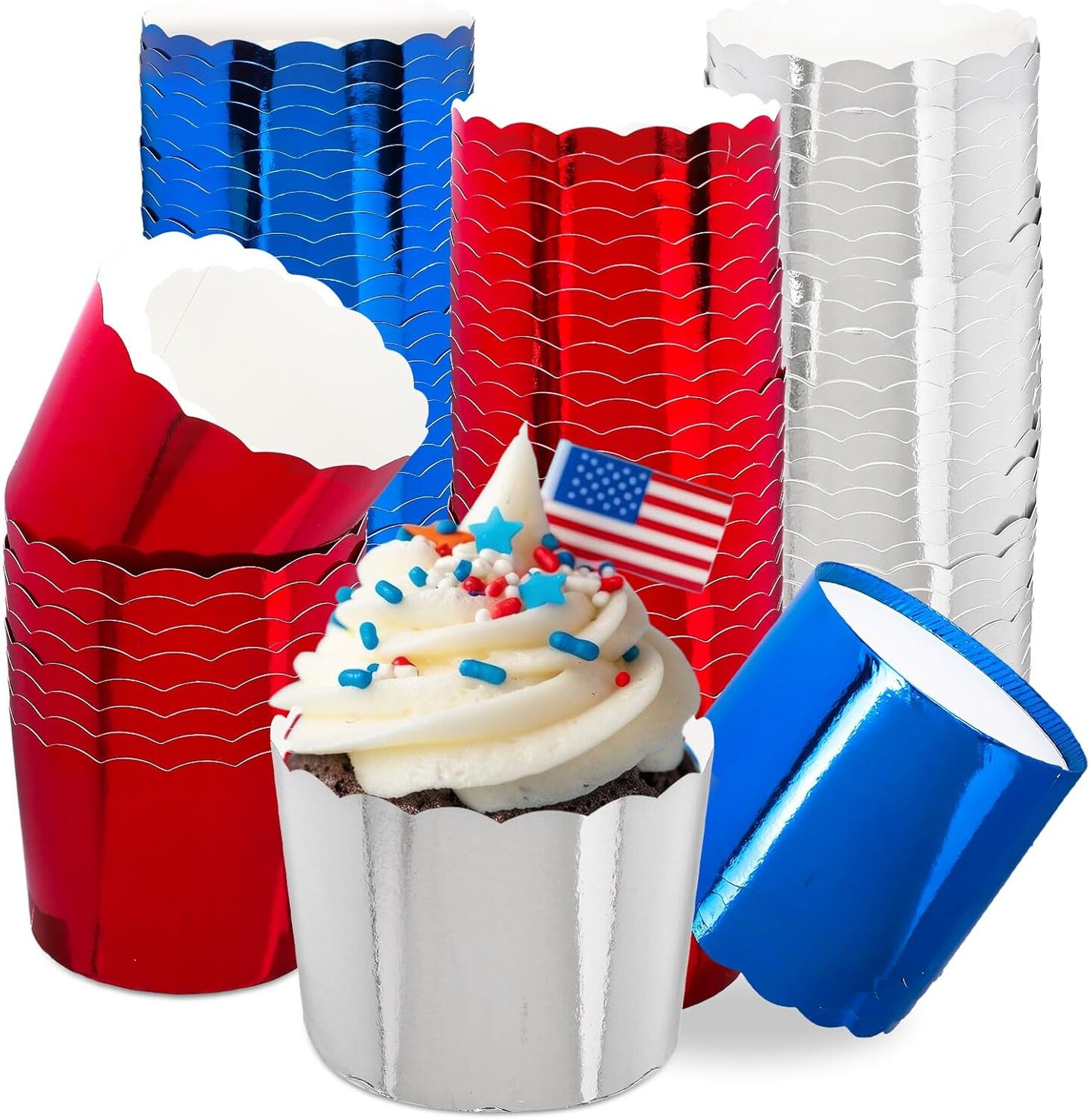150Pcs Patriotic July 4th Foil Cupcake Liners Red Blue Silver