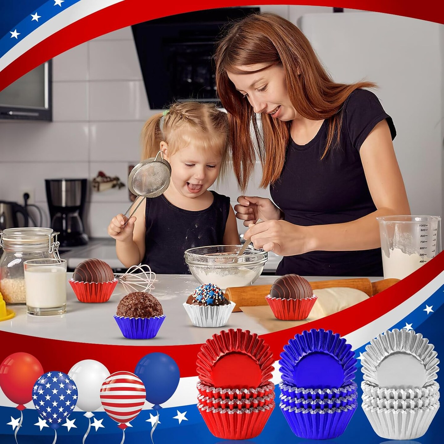 400pcs 4th of July Mini Foil Cupcake Liners Cupcake Red Blue Silver