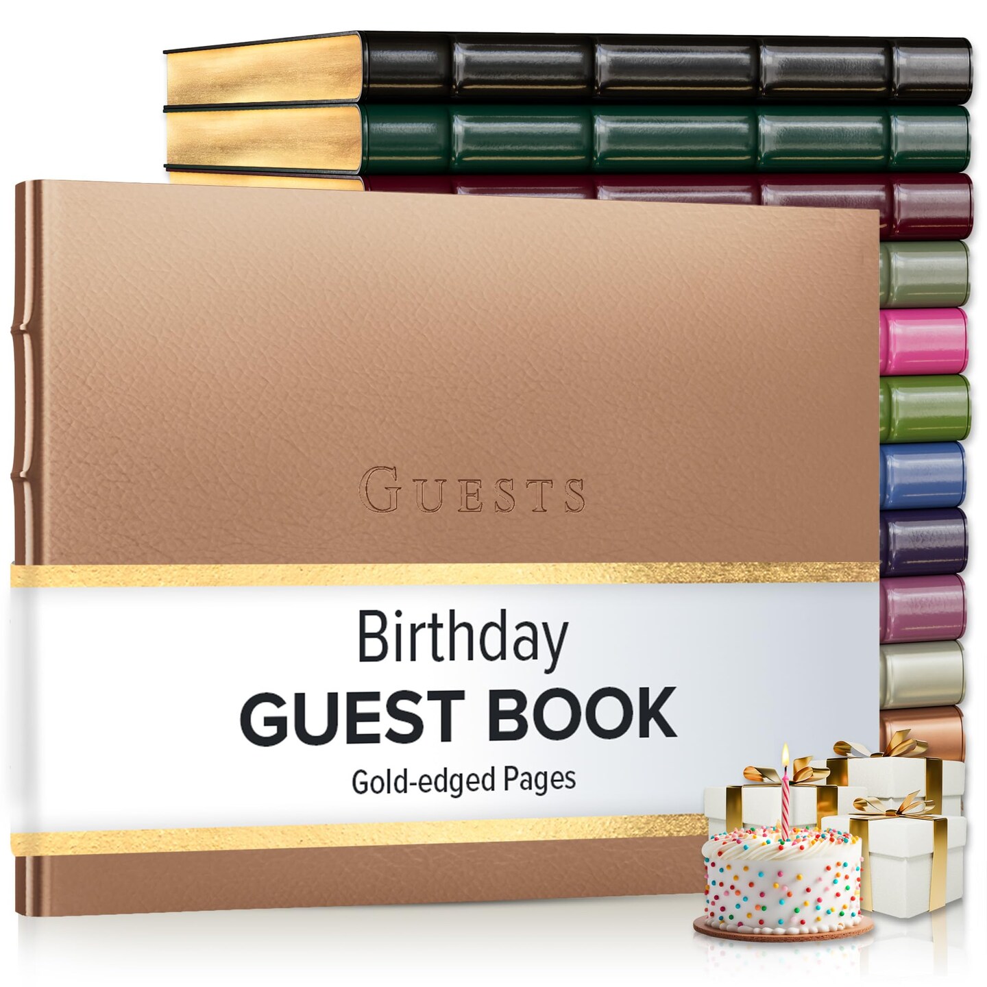Gallery Leather Birthday Guest Book for Party Celebrations - Hardcover, Bound Leather Sign in Guest Book with 192 Lined Pages for Messages &#x26; Photos - 7&#x22; x 9&#x22;