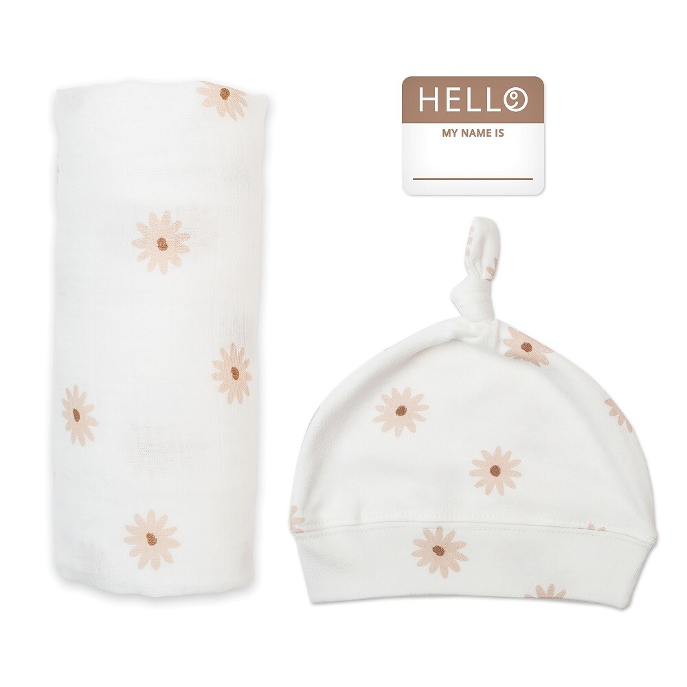 Hello World Baby Hat &#x26; Swaddle Set - Daisies by Lulujo