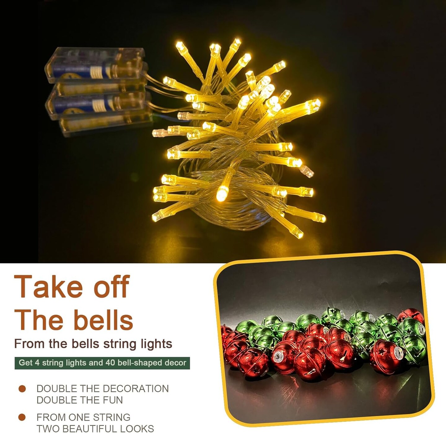 4-Pack Christmas Jingle Bells Lights – 26 Ft Total, 40 Red & Green Metal Bells, Battery Operated LED String Lights for Holiday Décor & Weddings (Red&Green)